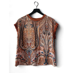 T Tahari Paisley Print Blouse M Rust Trim Ruffle Sleeve Boho Top